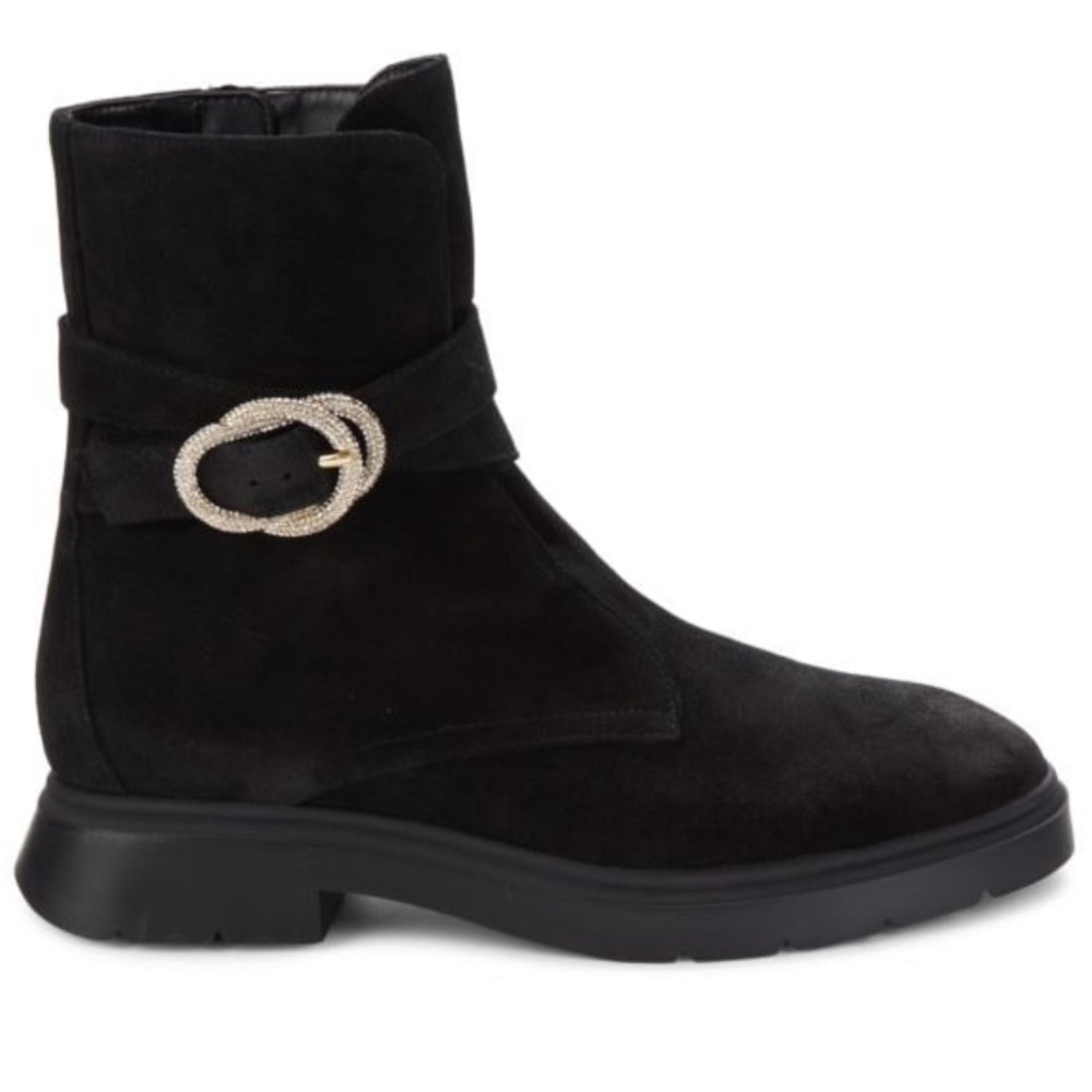 NIB Stuart Weitzman 32MM Crystal Buckle Suede Ankle Boots - Size 7.5